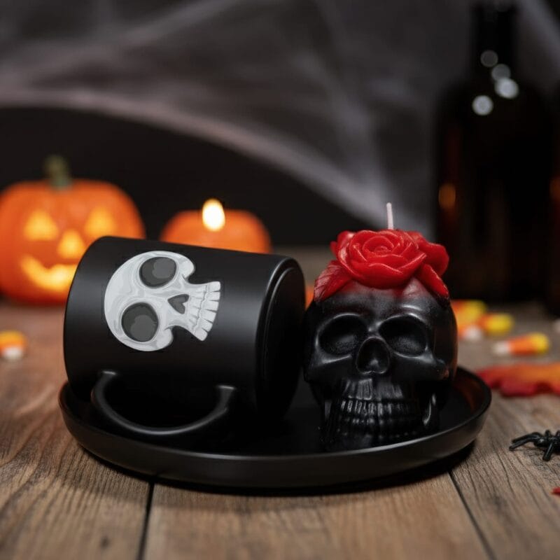 set cadou de halloween "măduva oaselor" cană termosensibilă și lumânare craniu