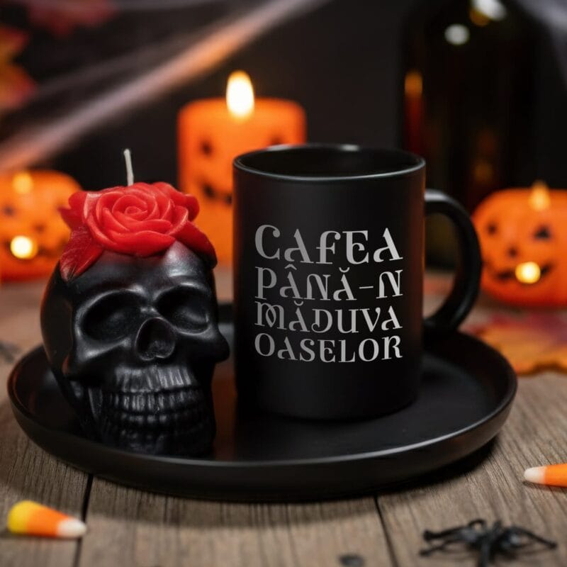 set cadou de halloween "măduva oaselor" cană termosensibilă și lumânare craniu