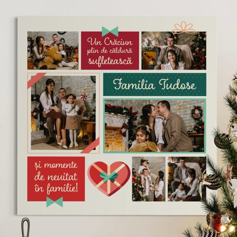 tablou canvas de crăciun personalizat cu numele familiei – colaj festiv cu 6 poze și urări