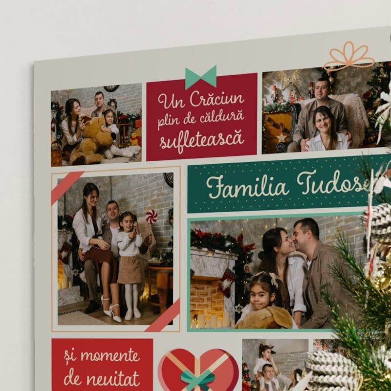 tablou canvas de crăciun personalizat cu numele familiei – colaj festiv cu 6 poze și urări