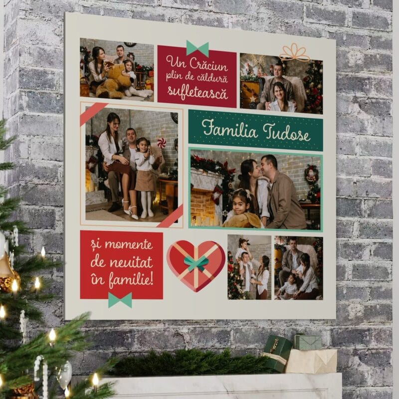 tablou canvas de crăciun personalizat cu numele familiei – colaj festiv cu 6 poze și urări