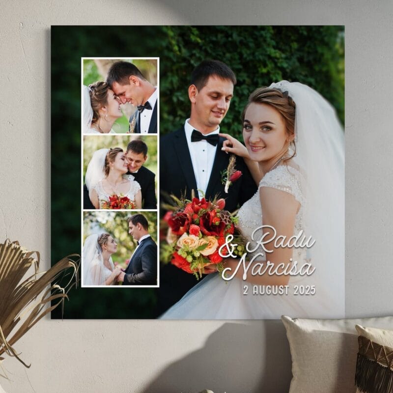 tablou canvas nuntă personalizat – colaj cu 4 poze, numele mirilor și data evenimentului