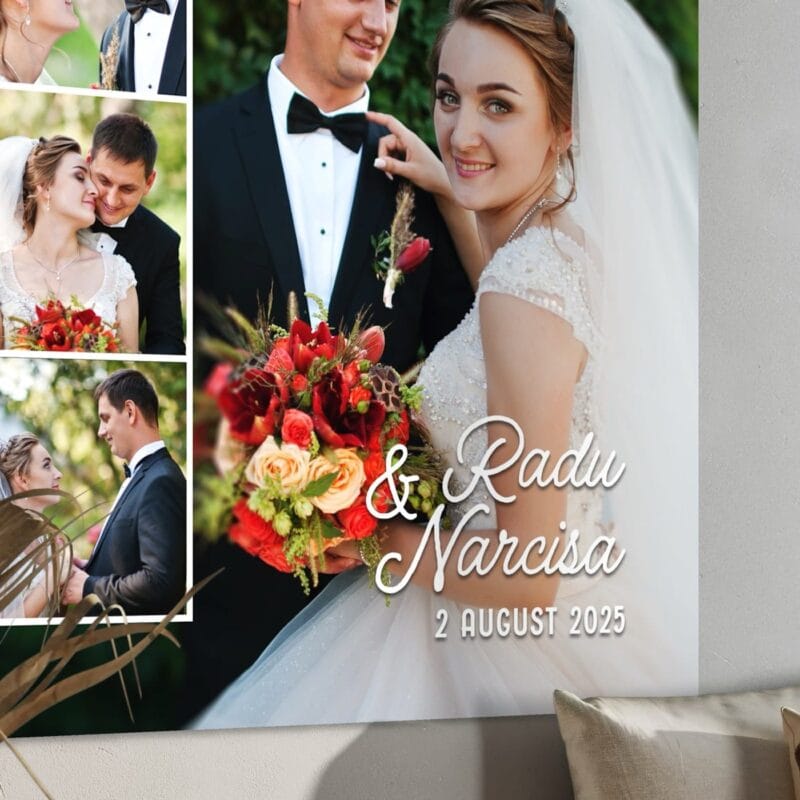 tablou canvas nuntă personalizat – colaj cu 4 poze, numele mirilor și data evenimentului