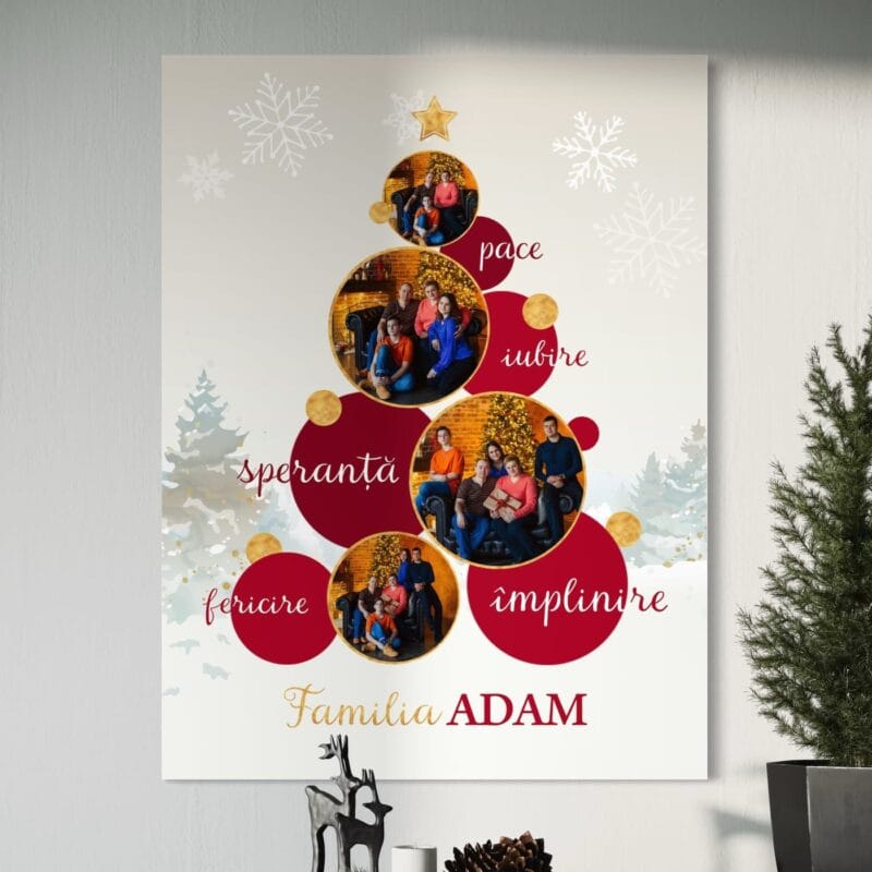 tablou canvas personalizat de crăciun – colaj cu 4 poze și numele familiei, design brad