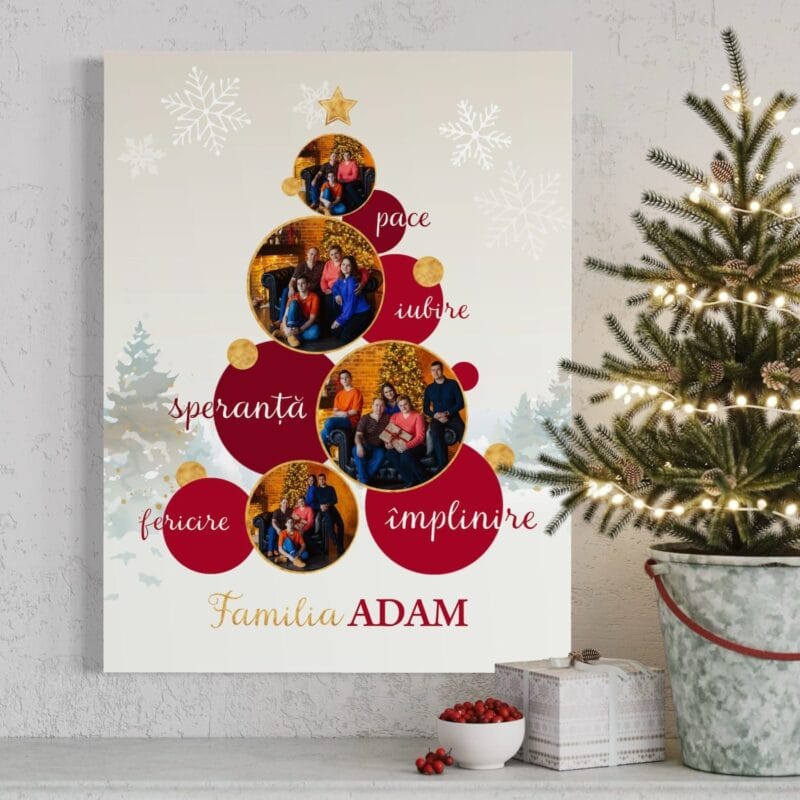tablou canvas personalizat de crăciun – colaj cu 4 poze și numele familiei, design brad