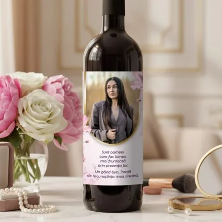 vin personalizat "un gând bun" cadou elegant pentru ea cu poză și decor floral