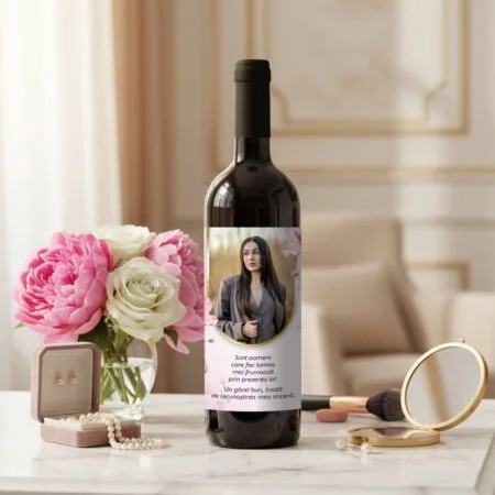 vin personalizat "un gând bun" cadou elegant pentru ea cu poză și decor floral