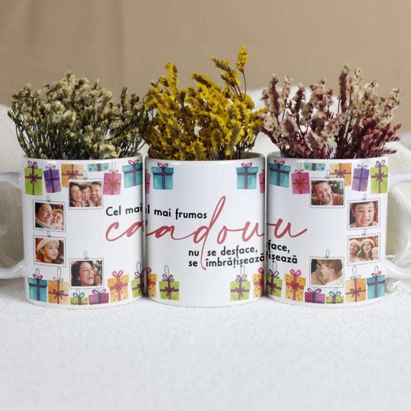 cană personalizată "un cadou de Îmbrățișat" colaj cu 8 poze pentru familie