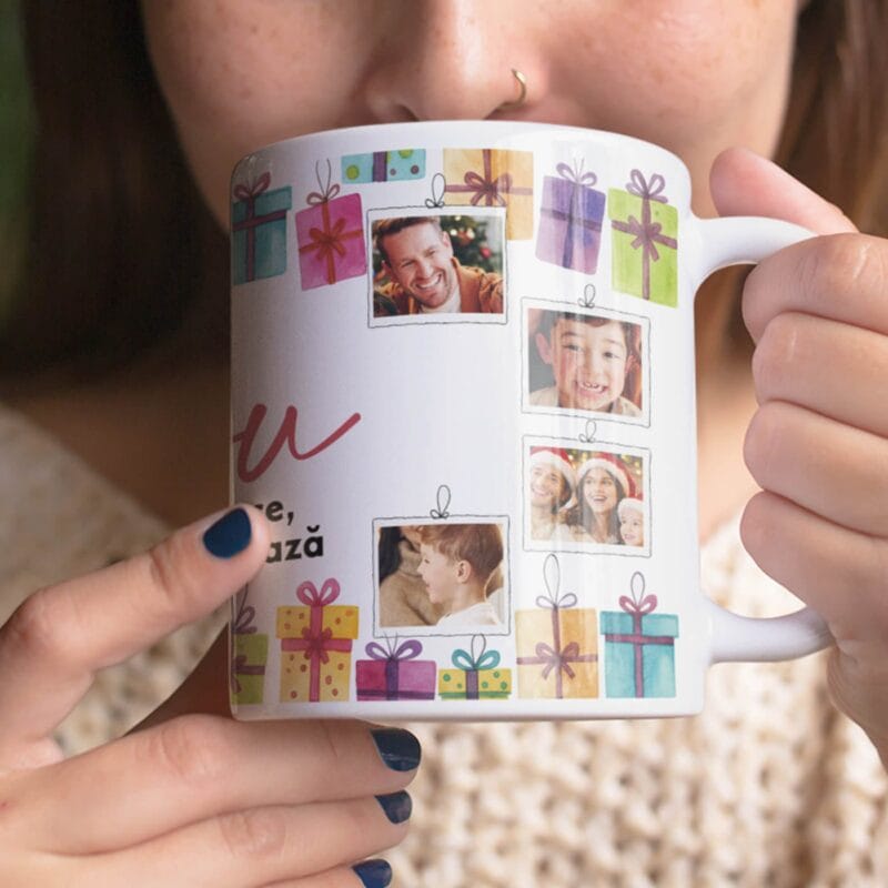 cană personalizată "un cadou de Îmbrățișat" colaj cu 8 poze pentru familie
