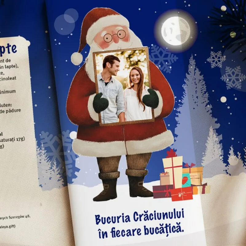 ciocolată personalizată "darul dulce al moșului" cu poză și urare de crăciun