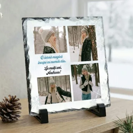placă de ardezie pătrată personalizată "iarnă magică" cadou pentru andreea cu colaj foto