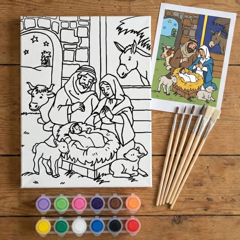 set creativ "micul artist de crăciun" tablou canvas de colorat cu scena nașterii