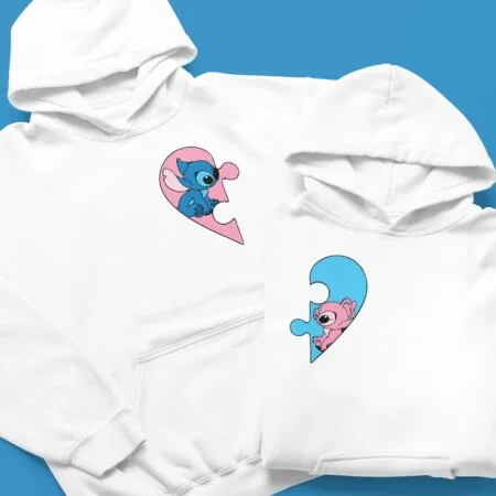 set hanorace cuplu "stitch & angel" cadou romantic asortat cu inimă puzzle