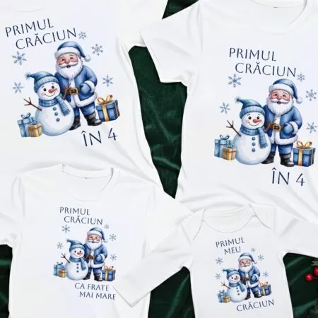 set tricouri familie "primul crăciun în 4" pentru băiețel nou născut