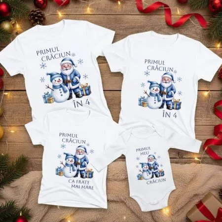 set tricouri familie "primul crăciun în 4" pentru băiețel nou născut