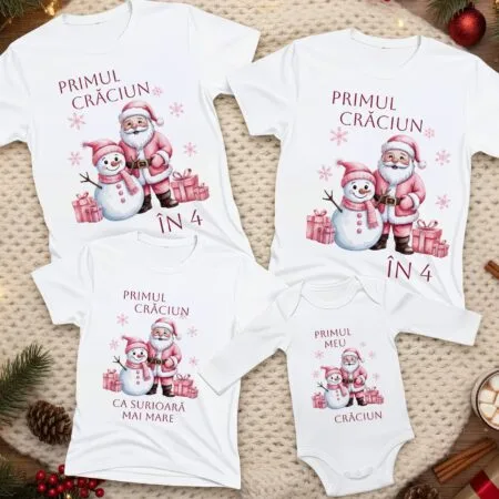set tricouri familie "primul crăciun în 4" pentru fetiță nou născută