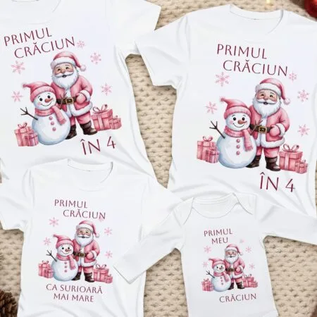 set tricouri familie "primul crăciun în 4" pentru fetiță nou născută