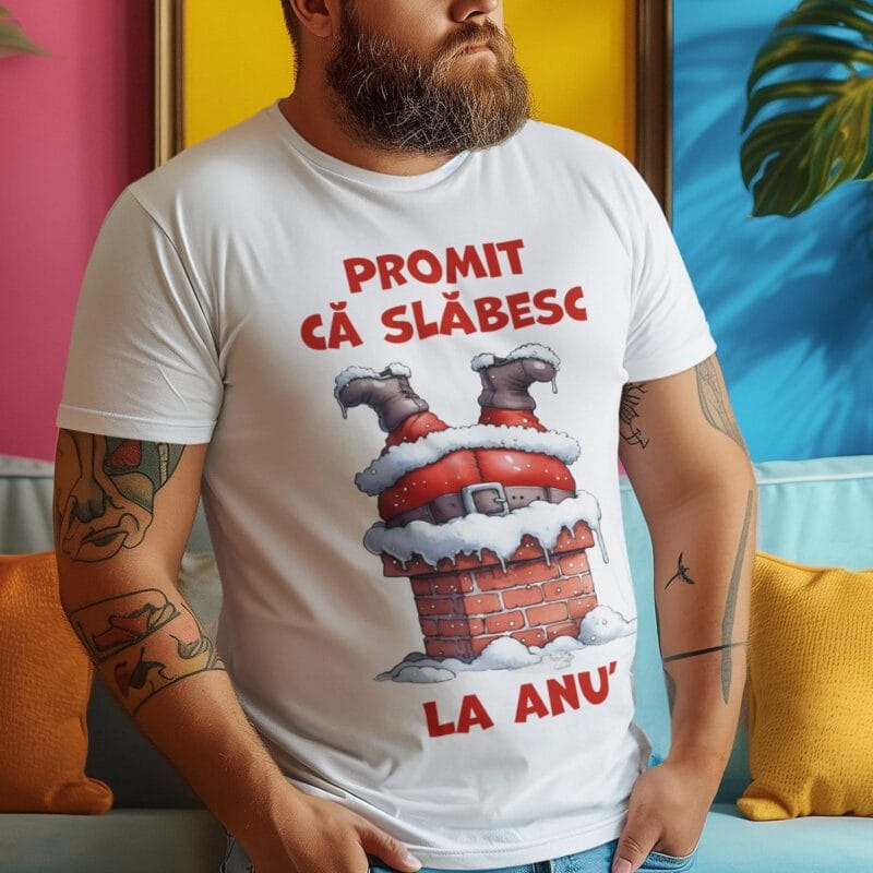 tricou amuzant de crăciun "promit că slăbesc... la anu'"