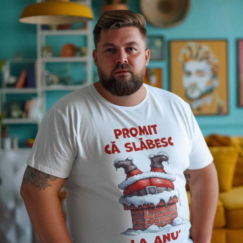 tricou amuzant de crăciun "promit că slăbesc... la anu'"