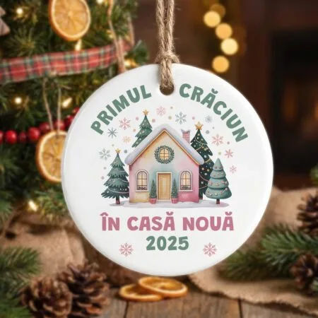 ornament ceramic "primul crăciun în casă nouă" decorațiune brad cu ilustrație casă