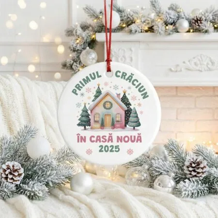 ornament ceramic "primul crăciun în casă nouă" decorațiune brad cu ilustrație casă