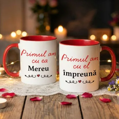 set 2 căni cuplu "mereu Împreună" primul an & poză în inimă (interior colorat)