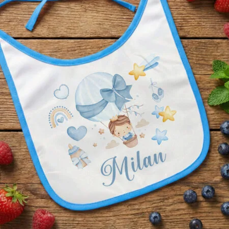 bavețică personalizată bebe "micul călător" nume & balon cu aer cald (model fată/băiat)