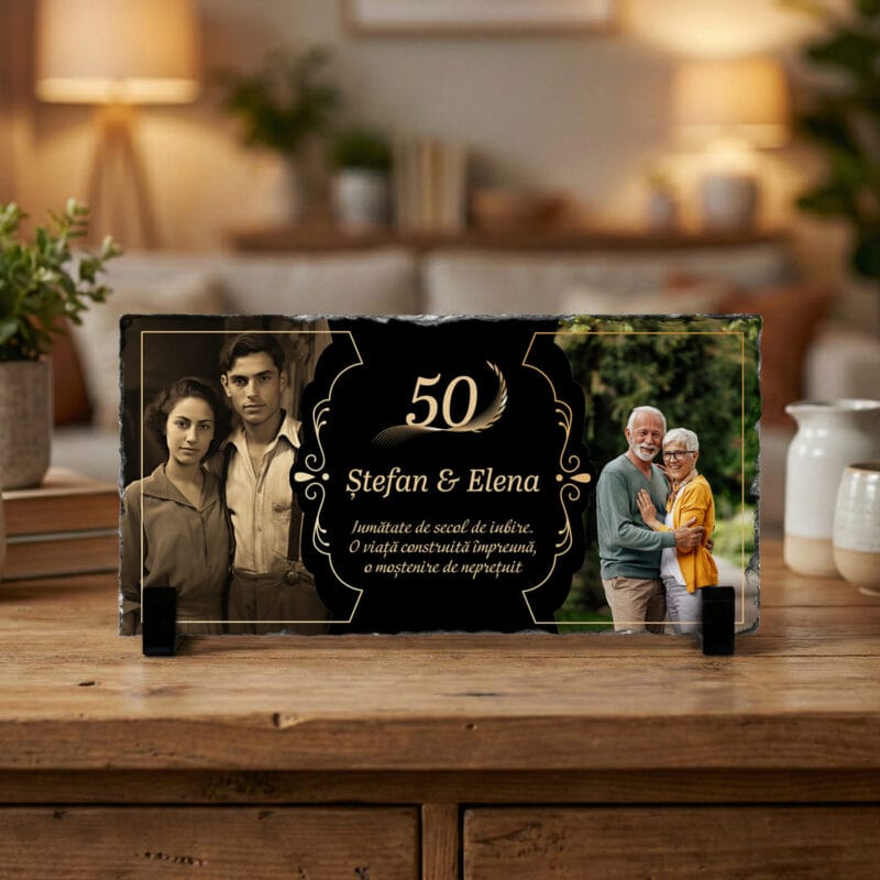 placă ardezie panoramică "timeline iubire" aniversare căsătorie (2 poze trecut prezent & ani)