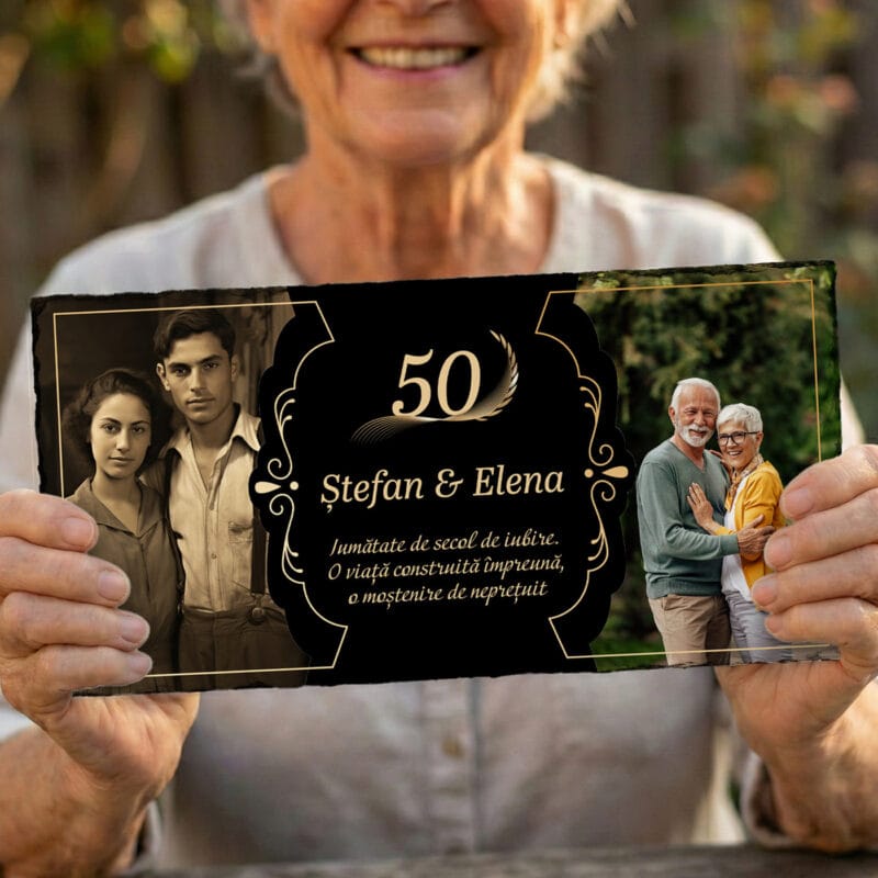 placă ardezie panoramică "timeline iubire" aniversare căsătorie (2 poze trecut prezent & ani)