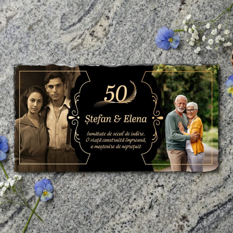 placă ardezie panoramică "timeline iubire" aniversare căsătorie (2 poze trecut prezent & ani)