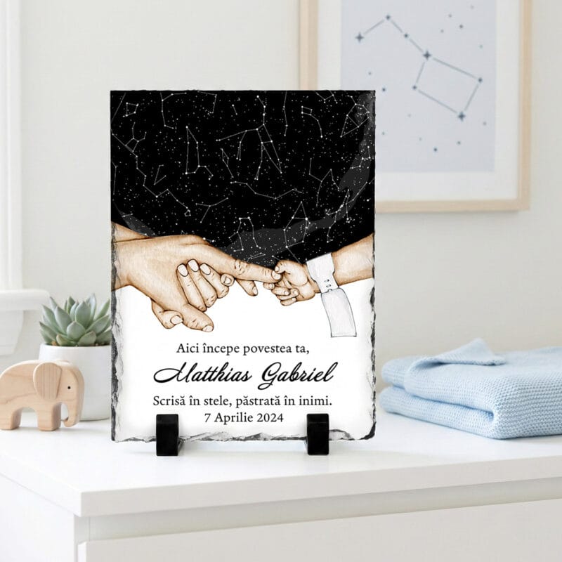 placă ardezie bebelusi "povestea ta în stele" mâini, nume și data nașterii (cadou botez)