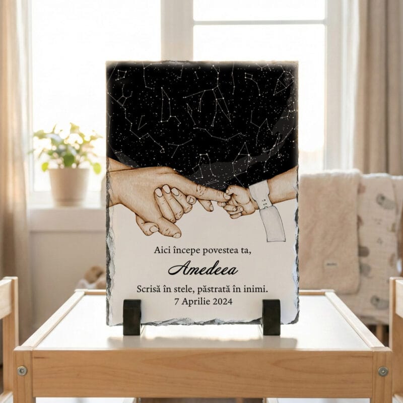 placă ardezie bebelusi "povestea ta în stele" mâini, nume și data nașterii (cadou botez)