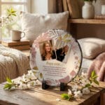 placă ardezie rotundă cu 2 poze "nașa este..." & mesaj emoționant (design floral gold)