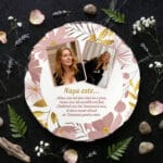 placă ardezie rotundă cu 2 poze "nașa este..." & mesaj emoționant (design floral gold)