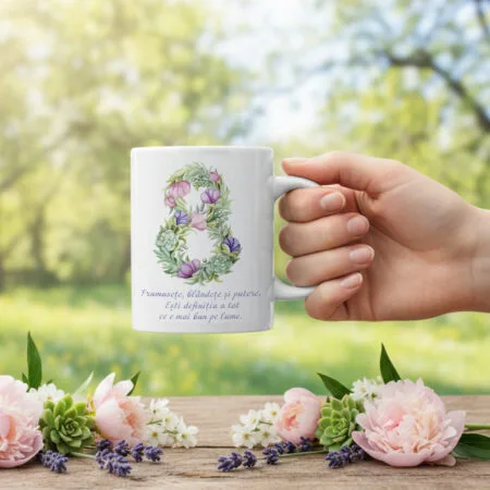 cană 8 martie "esență de femeie" cifra 8 florală & mesaj "frumusețe și putere" (cadou ziua femeii)