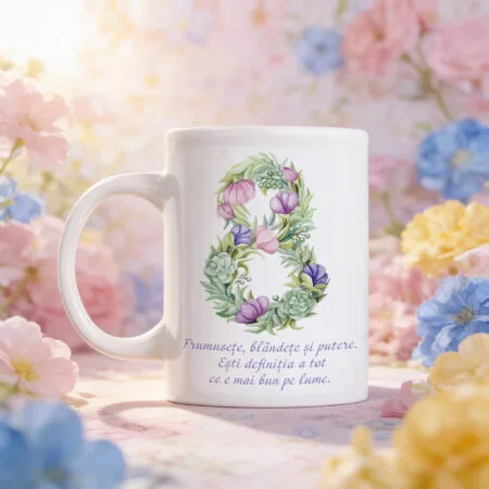 cană 8 martie "esență de femeie" cifra 8 florală & mesaj "frumusețe și putere" (cadou ziua femeii)