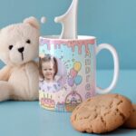 cană personalizată aniversară fetițe "party pastel" cu poză, nume și vârstă