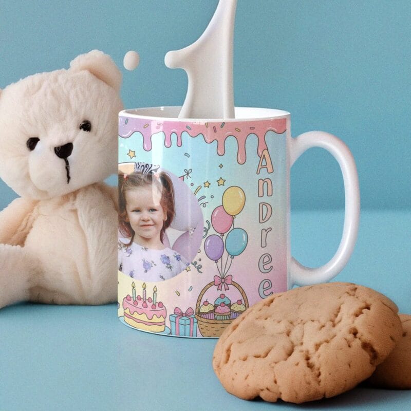 cană personalizată aniversară fetițe "party pastel" cu poză, nume și vârstă