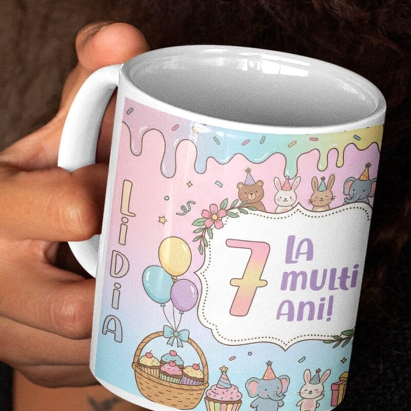 cană personalizată aniversară fetițe "party pastel" cu poză, nume și vârstă
