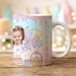 cană personalizată aniversară fetițe "party pastel" cu poză, nume și vârstă