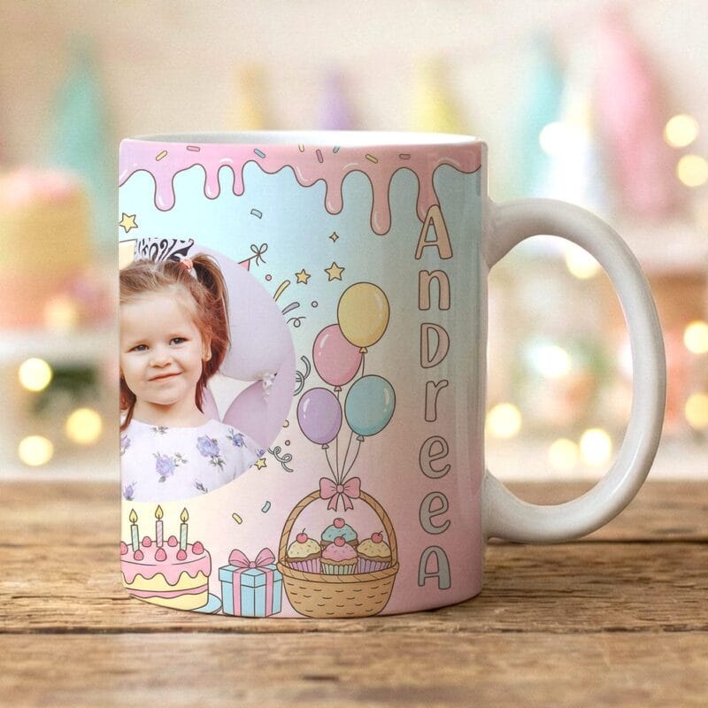 cană personalizată aniversară fetițe "party pastel" cu poză, nume și vârstă
