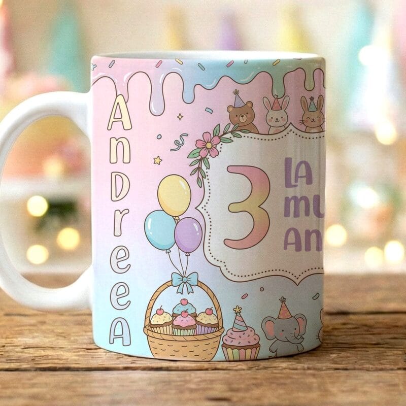 cană personalizată aniversară fetițe "party pastel" cu poză, nume și vârstă