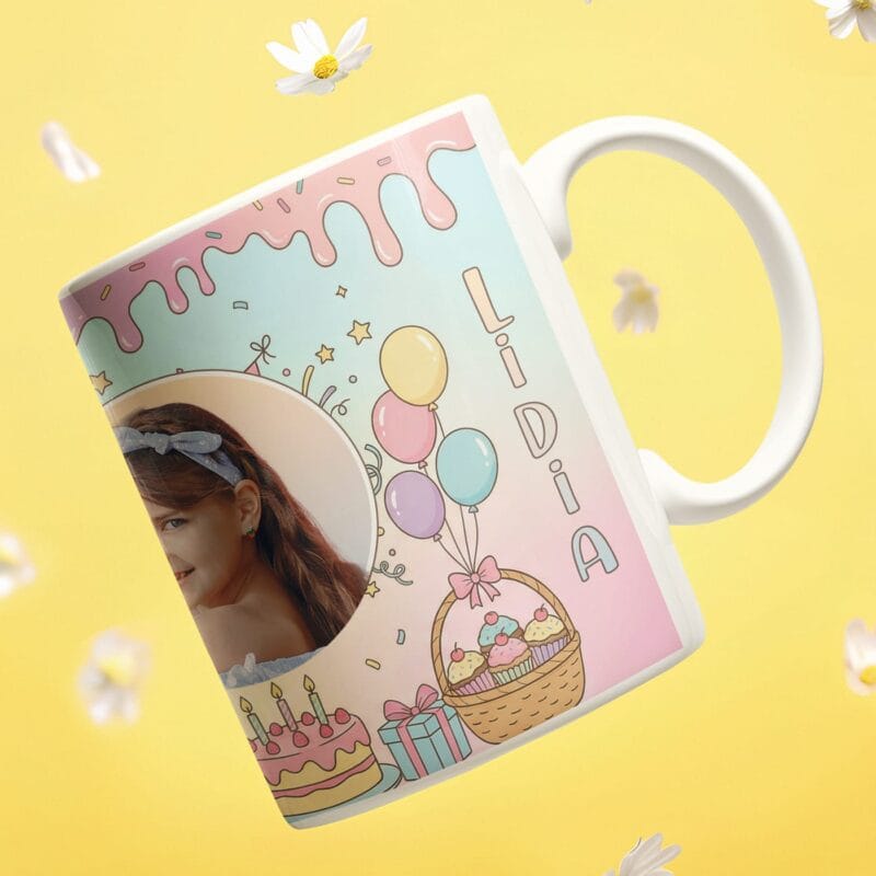 cană personalizată aniversară fetițe "party pastel" cu poză, nume și vârstă