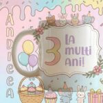 cană personalizată aniversară fetițe "party pastel" cu poză, nume și vârstă