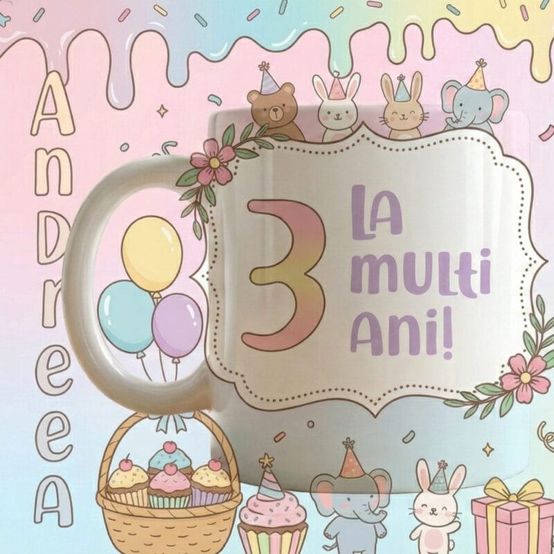 cană personalizată aniversară fetițe "party pastel" cu poză, nume și vârstă