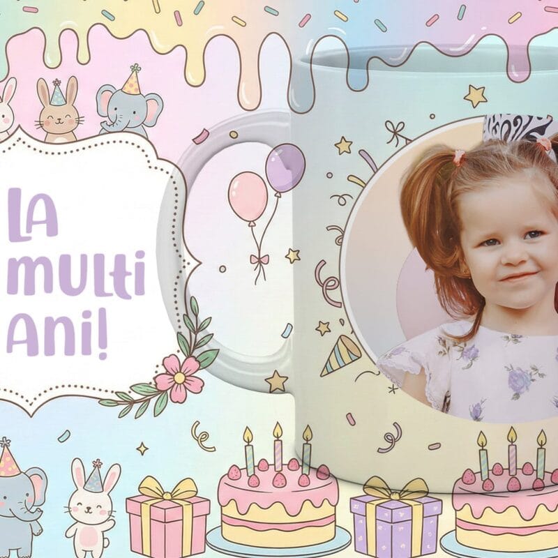cană personalizată aniversară fetițe "party pastel" cu poză, nume și vârstă
