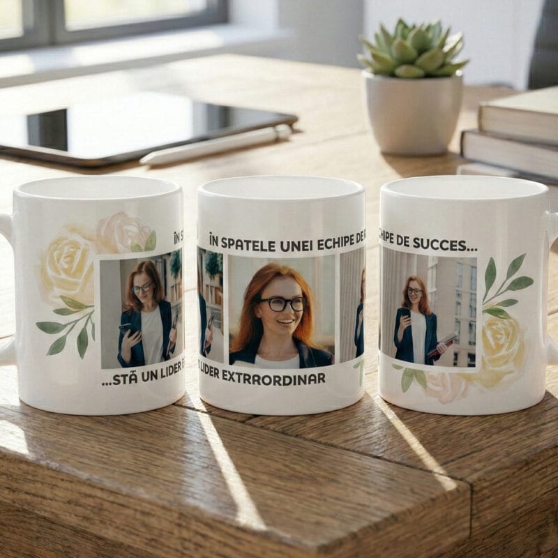 cană personalizată "lider extraordinar" 3 poze & design floral (cadou Șefă / manager)