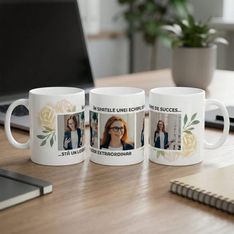 cană personalizată "lider extraordinar" 3 poze & design floral (cadou Șefă / manager)