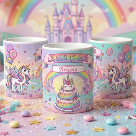 cană personalizată "regatul unicornilor" nume, castel de poveste & tort magic