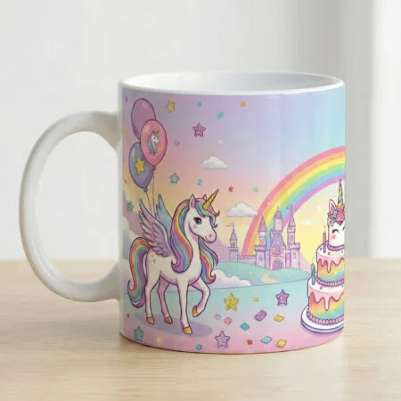 cană personalizată "regatul unicornilor" nume, castel de poveste & tort magic